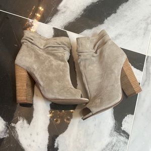 Gray suede peep, toe booties